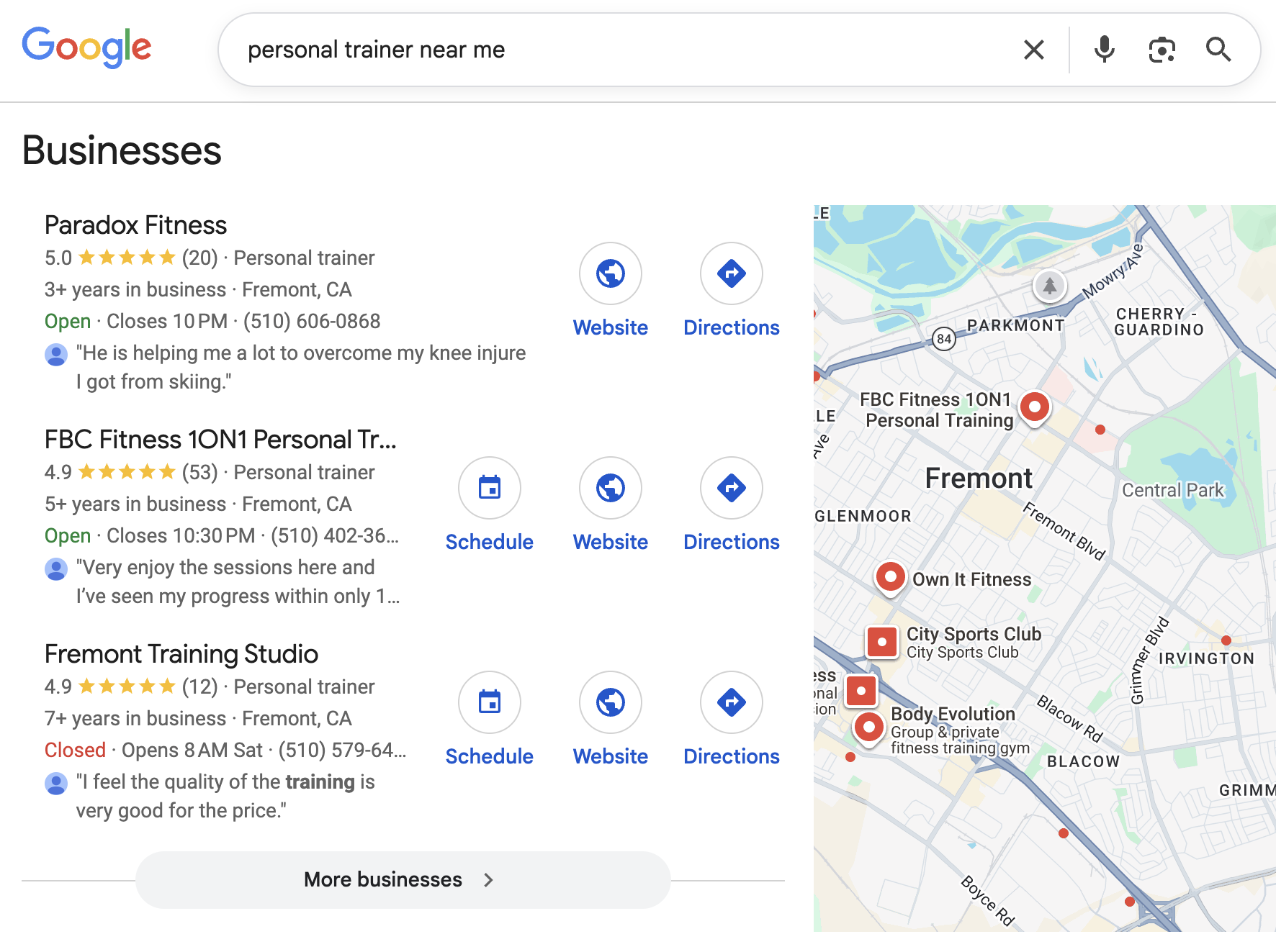 Personal training business dominating local search results